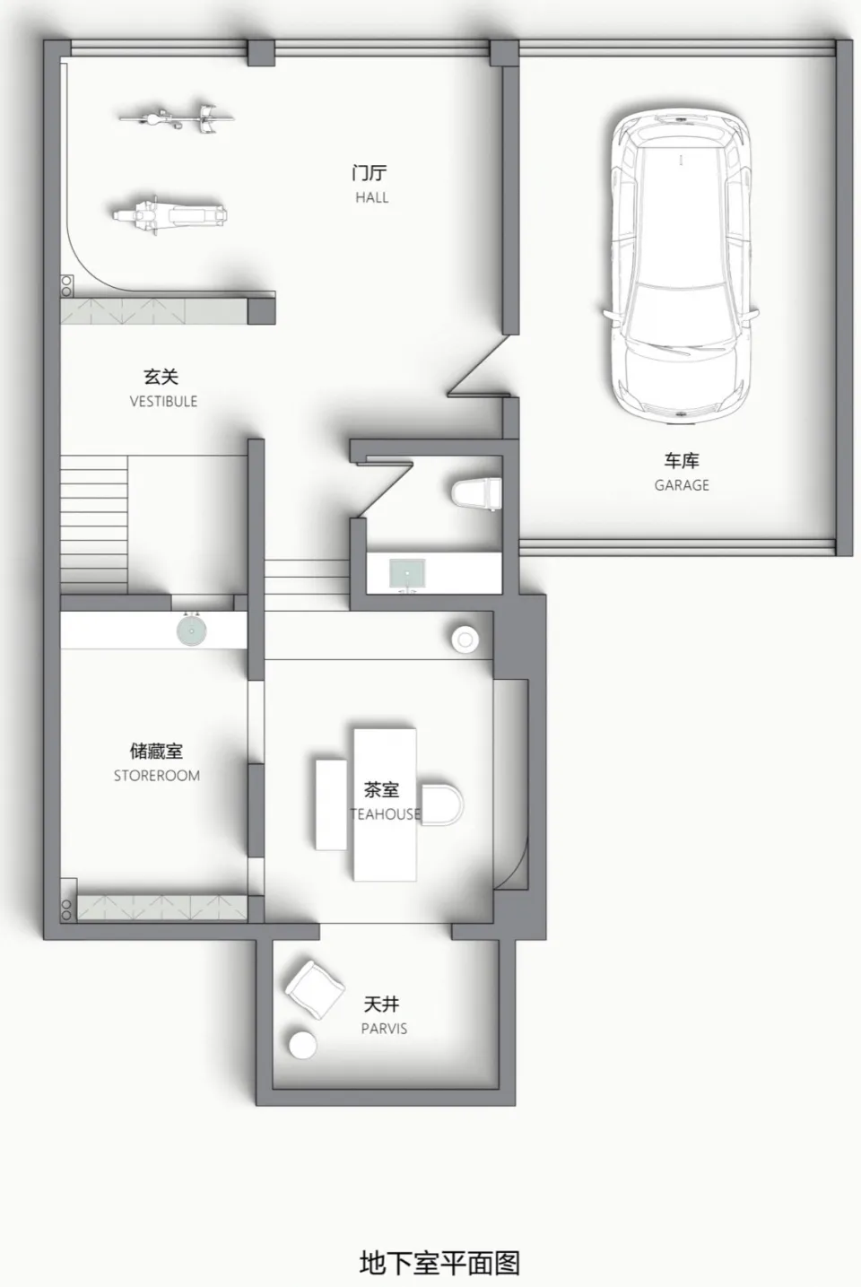 現代住宅的玄關、儲藏室與車庫平面圖。