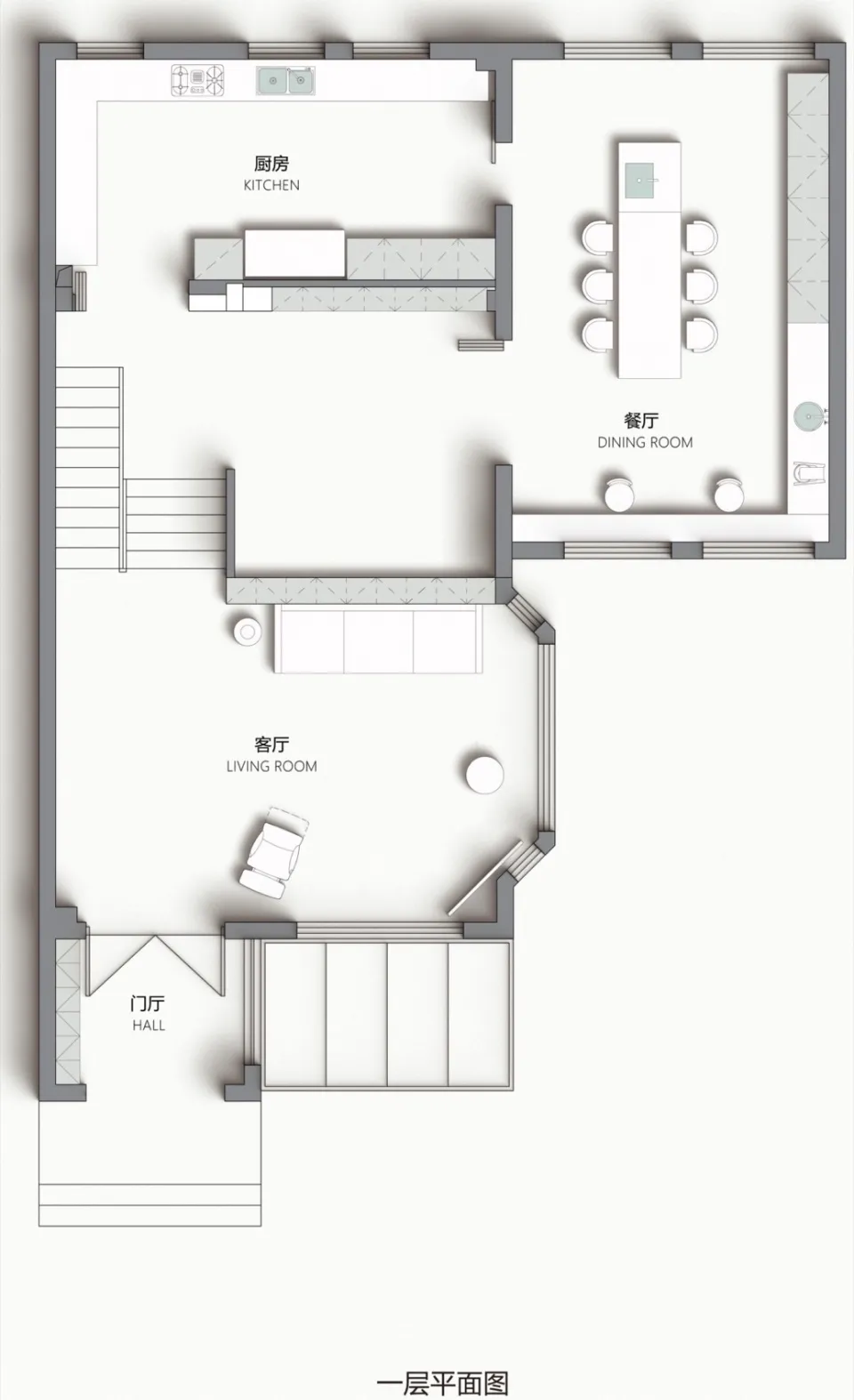Modern living room layout featuring minimalist furniture and design elements, with a clean, uncluttered aesthetic.