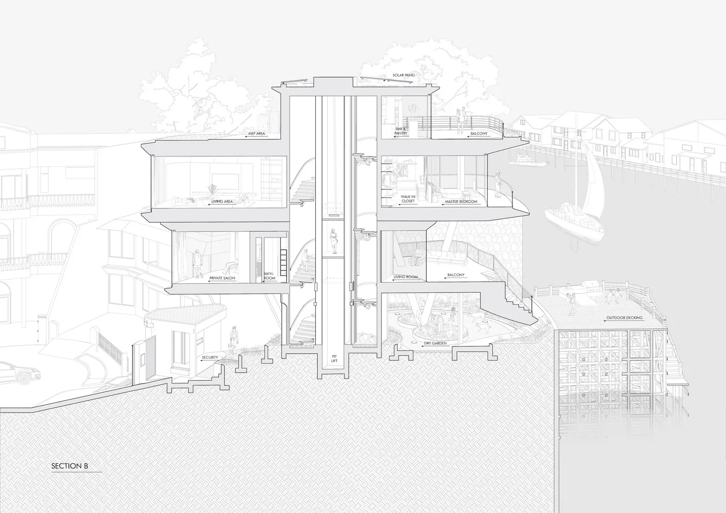 Cross-section diagram of a modern residential building featuring glass walls and a balcony.