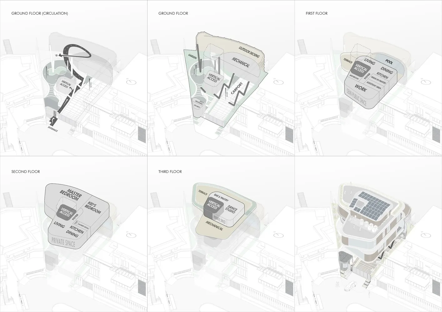 Industrial floor plan rendering with labeled spaces and vertical access.