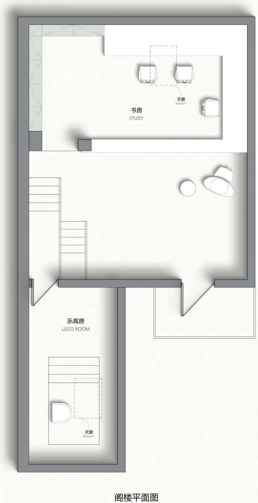 Floor plan of a minimalist residential space with white walls and functional zones.