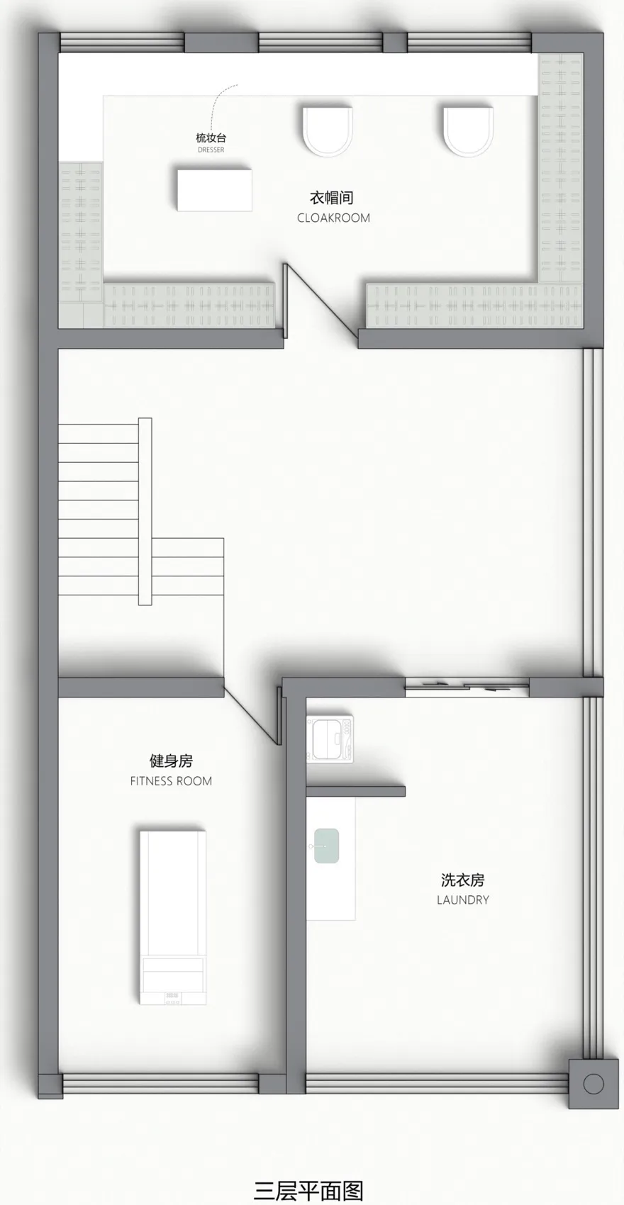 Floor plan of a modern residential interior with white surfaces.