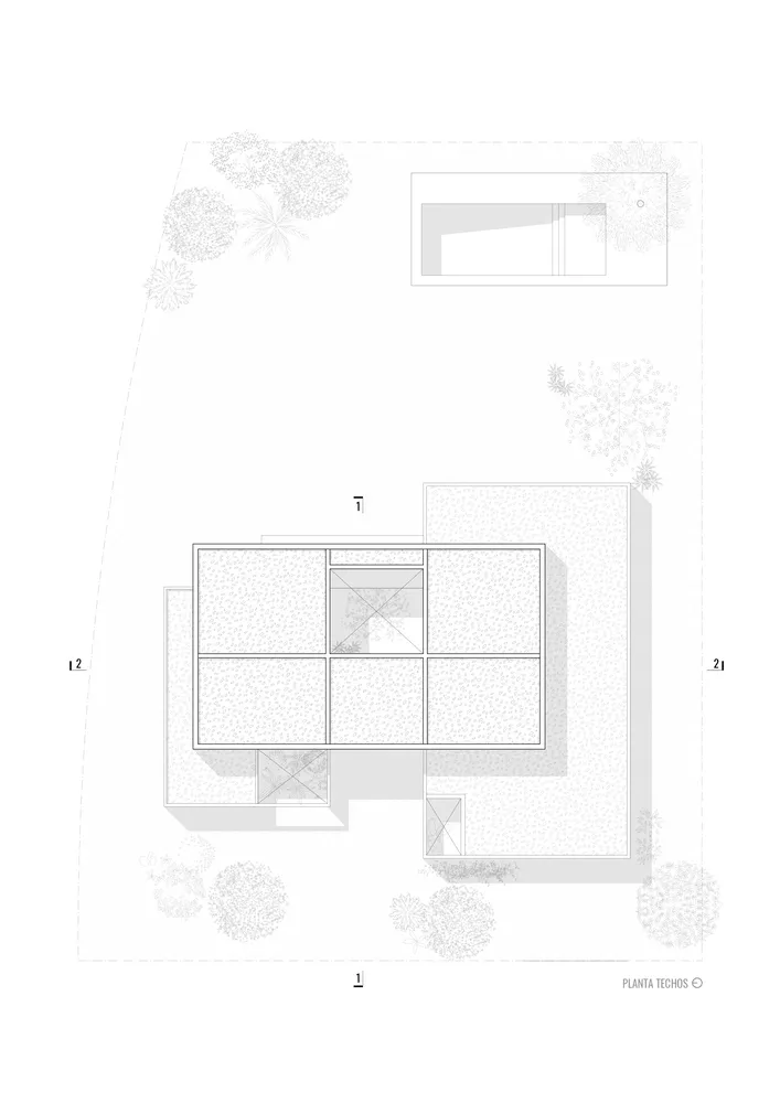 Modern house floor plan with concrete exterior.