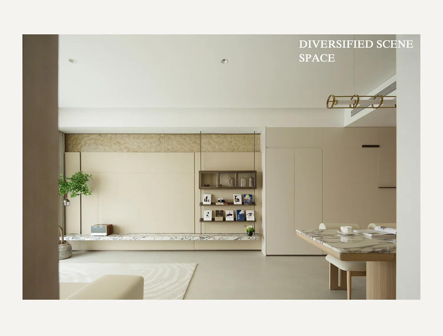 Modern minimalist living room featuring concrete and marble materials, with a beige color scheme