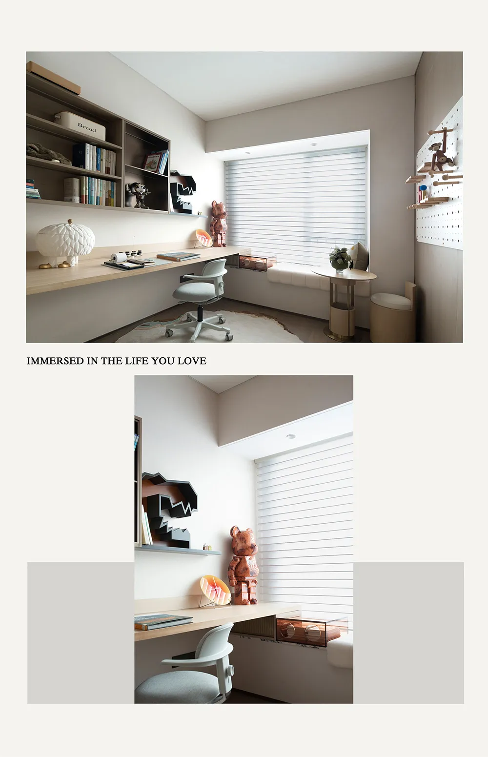 A modern home office featuring a wooden desk with shelves, a chair, and a view of the window with blinds.