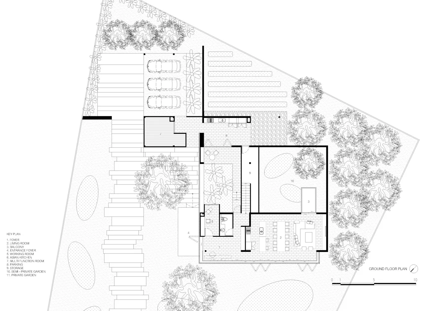 A 2D architectural drawing of a modern house with brick and glass materials.