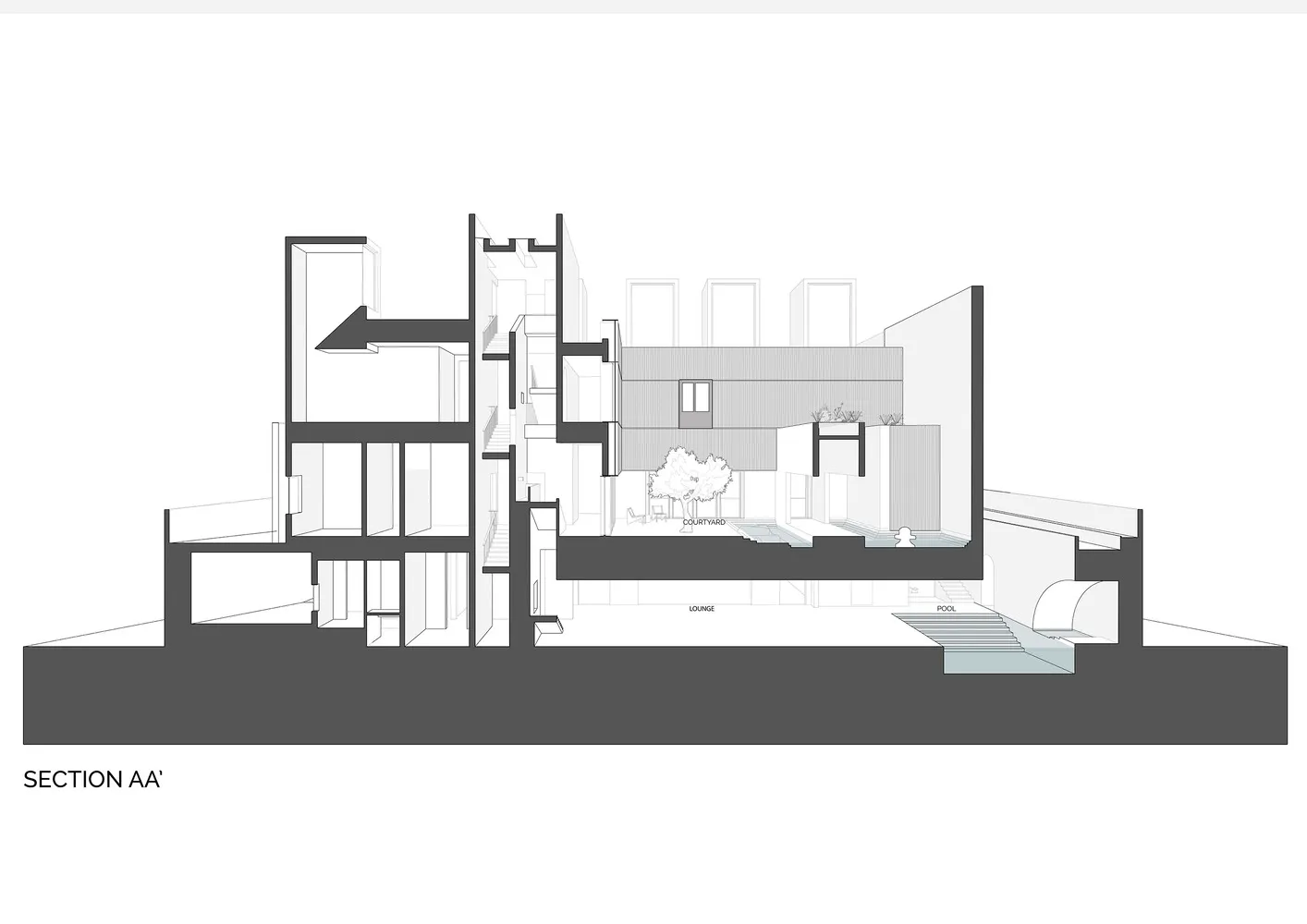 現代建築的建築剖面圖，白色背景上帶有灰色線條。