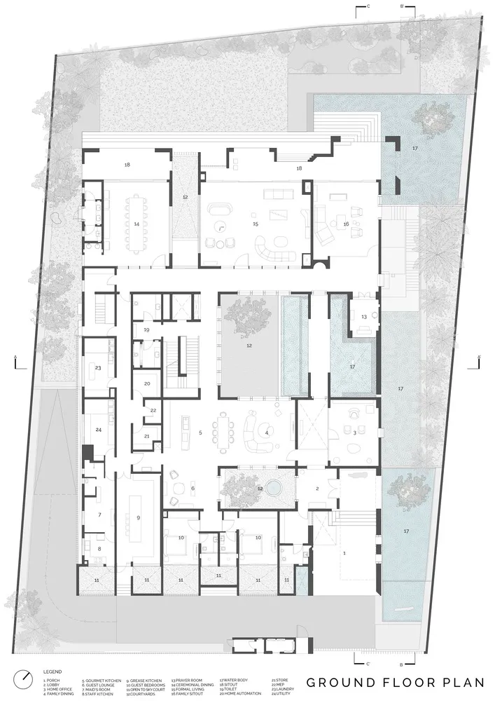 Modern residential floor plan showing indoor and outdoor spaces with furniture arrangements and room labels.