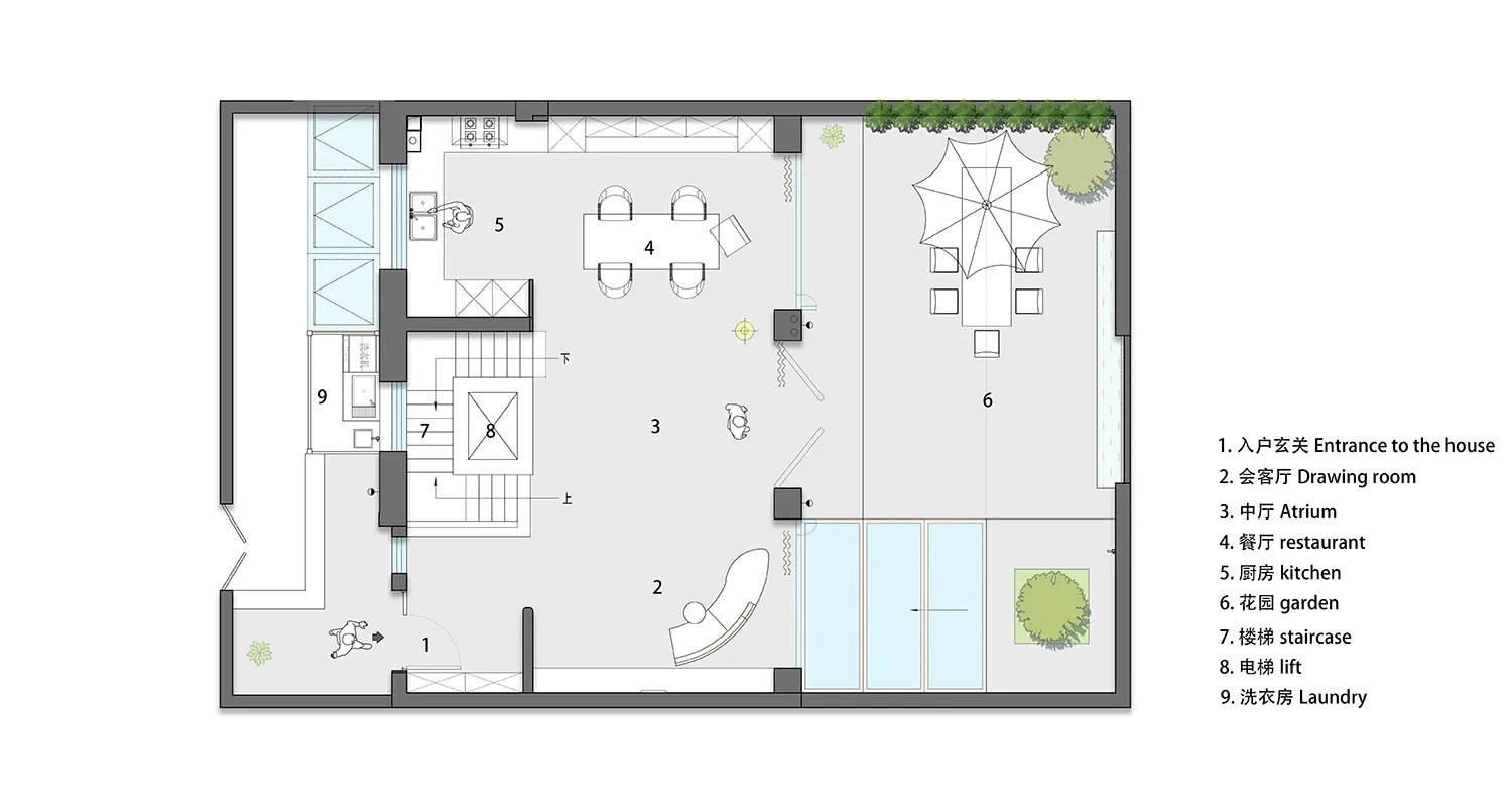 Floor plan of a modern townhouse featuring tile, glass, and metal materials.