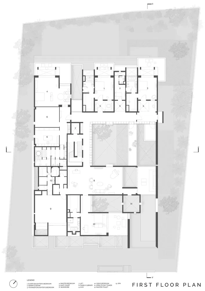 First floor architectural plan of a residential building with labeled rooms and outdoor areas.