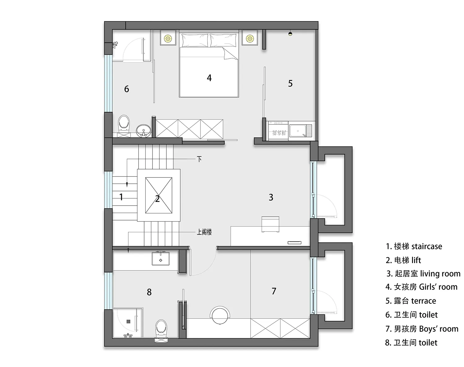 Floor plan layout of a residential property with rooms labeled such as staircase, living room, girls' room, boys' room, terra