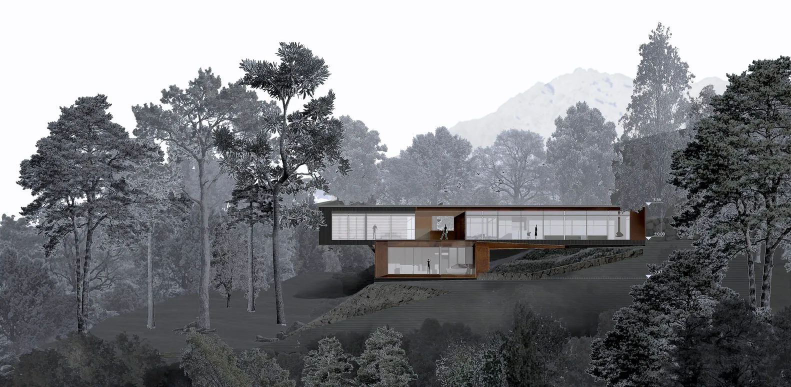 Modern minimalist house with wood frame and glass exterior, surrounded by trees and mountains.