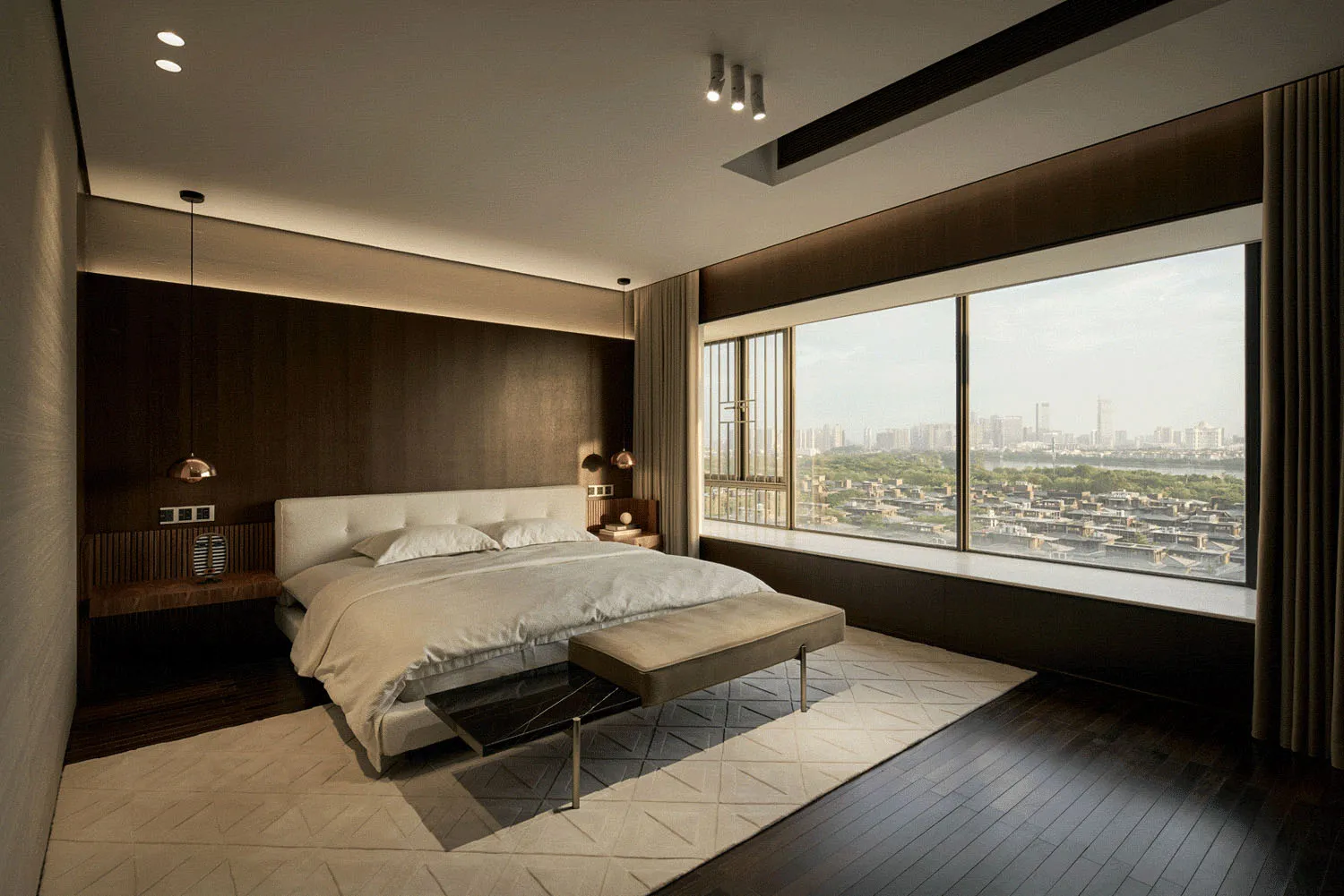 Modern, minimalist bedroom featuring a king-sized bed, mounted lamps, and a large window overlooking the cityscape.