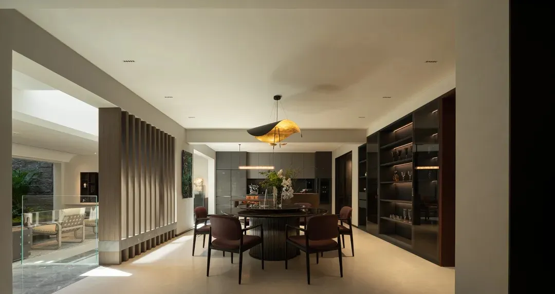 An elegant modern interior design with metallic elements, showing a seamless integration of style and functionality.