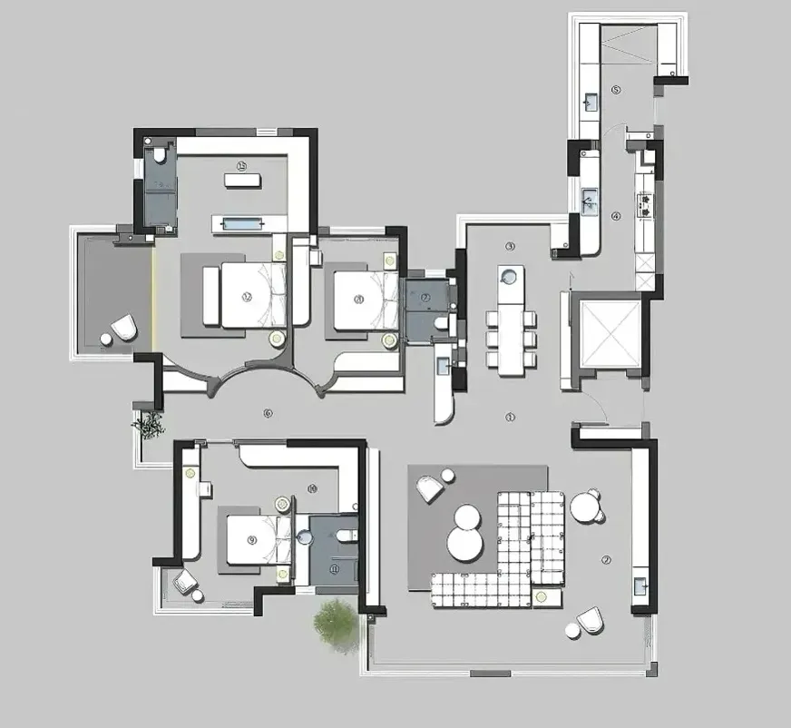 A modern apartment layout featuring tiled flooring.