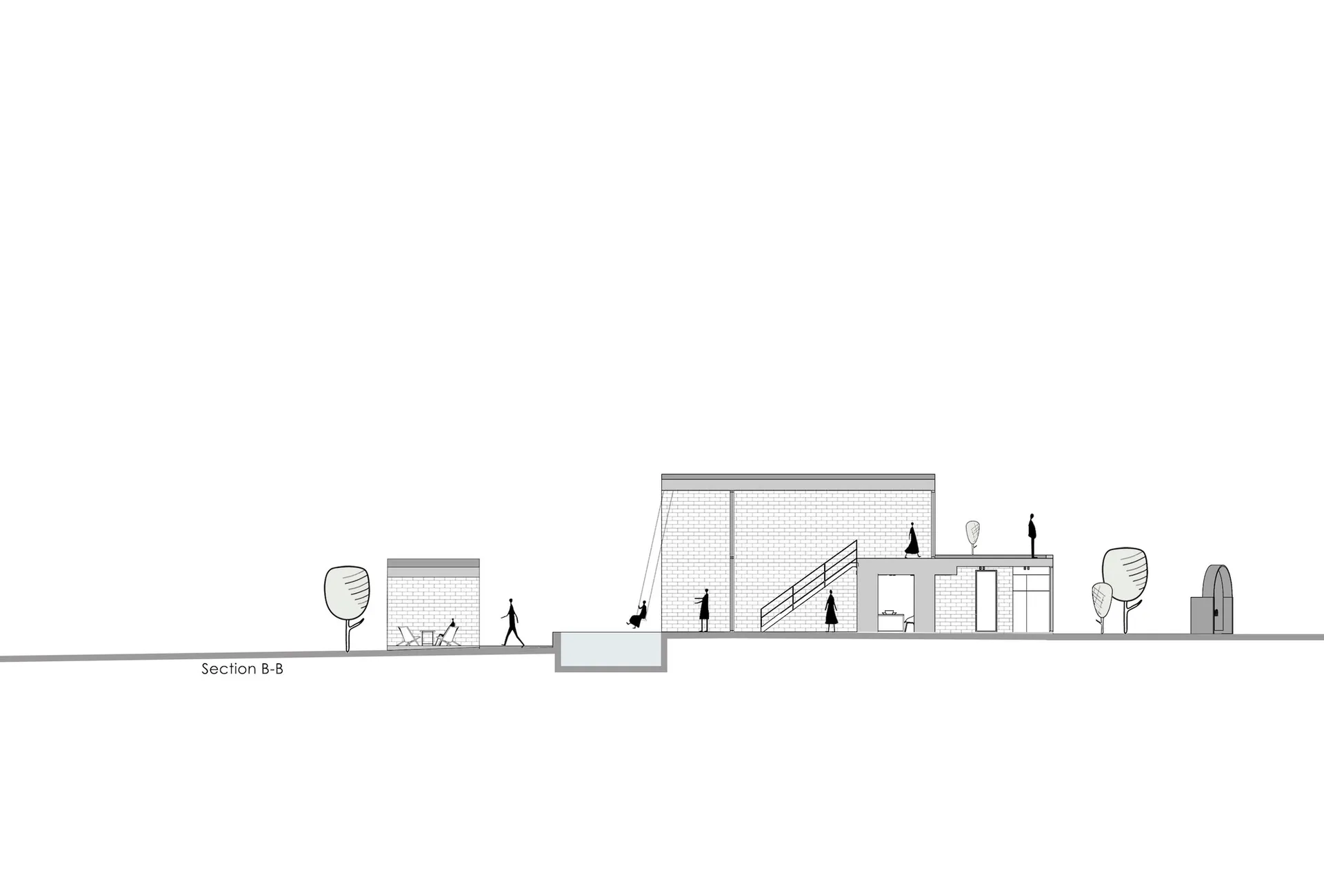 An architectural section drawing of a modern interior space with brick walls