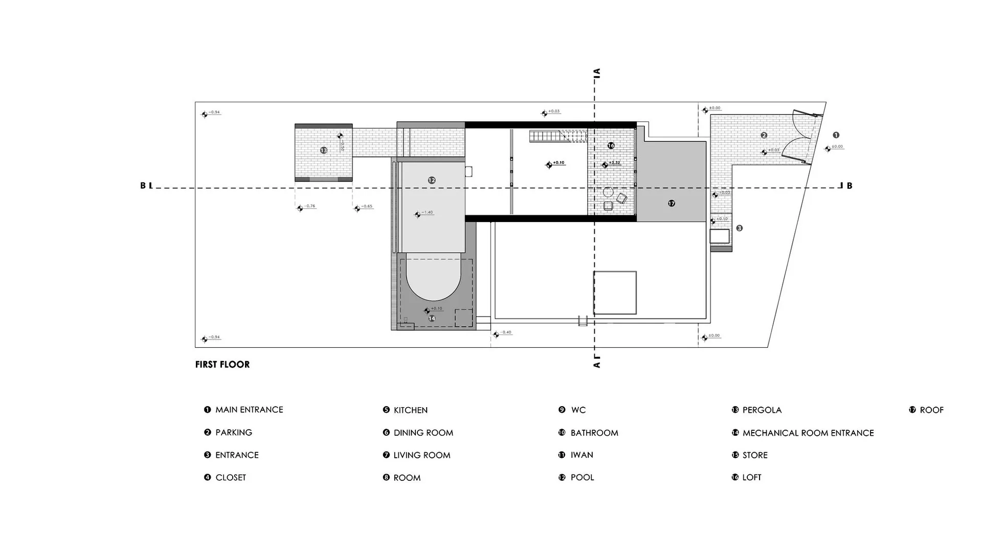 Modern residential floor plan showing layout of rooms and living areas.
