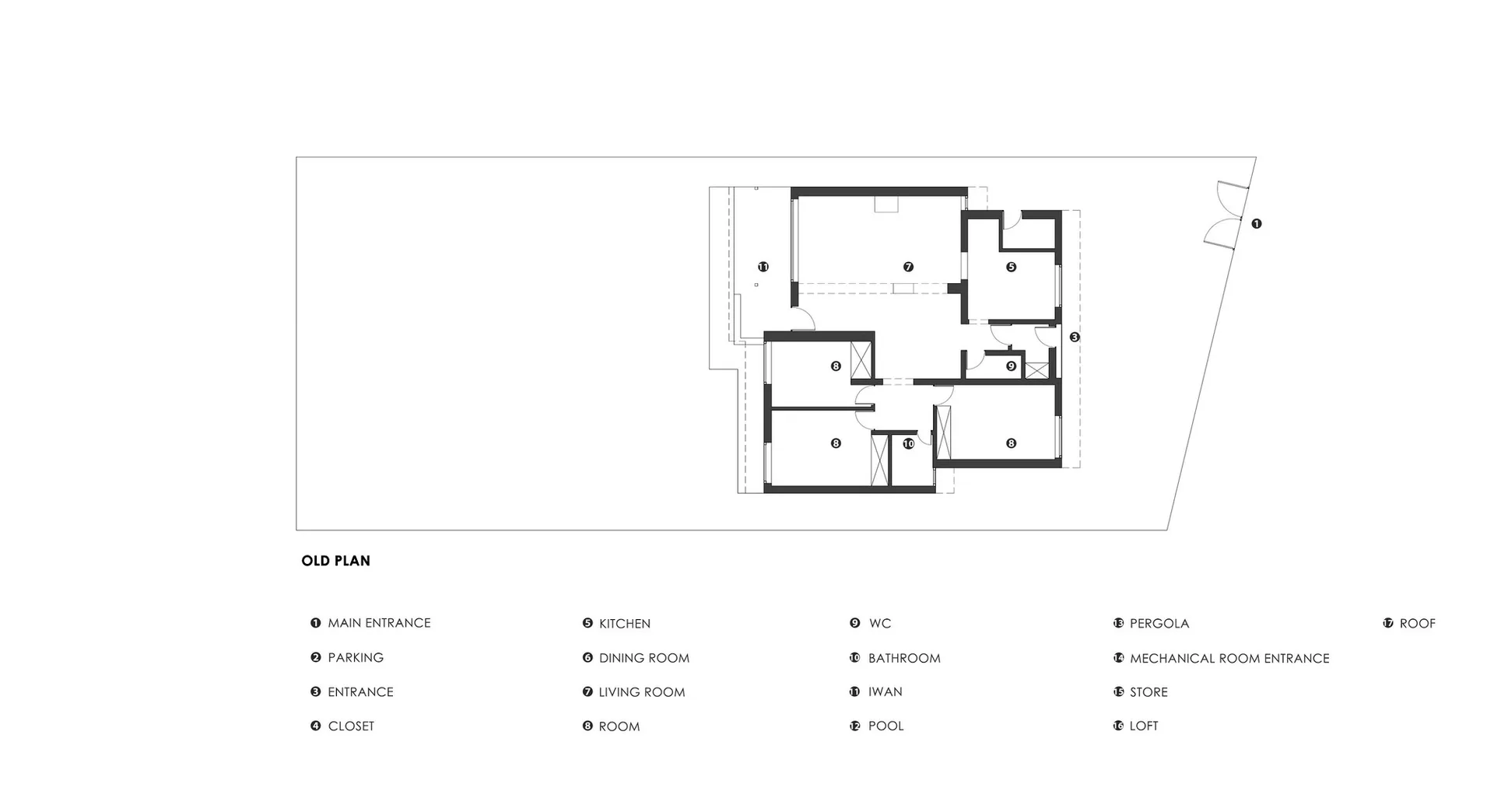 Schematic layout of an architectural space with numbered rooms and sections.