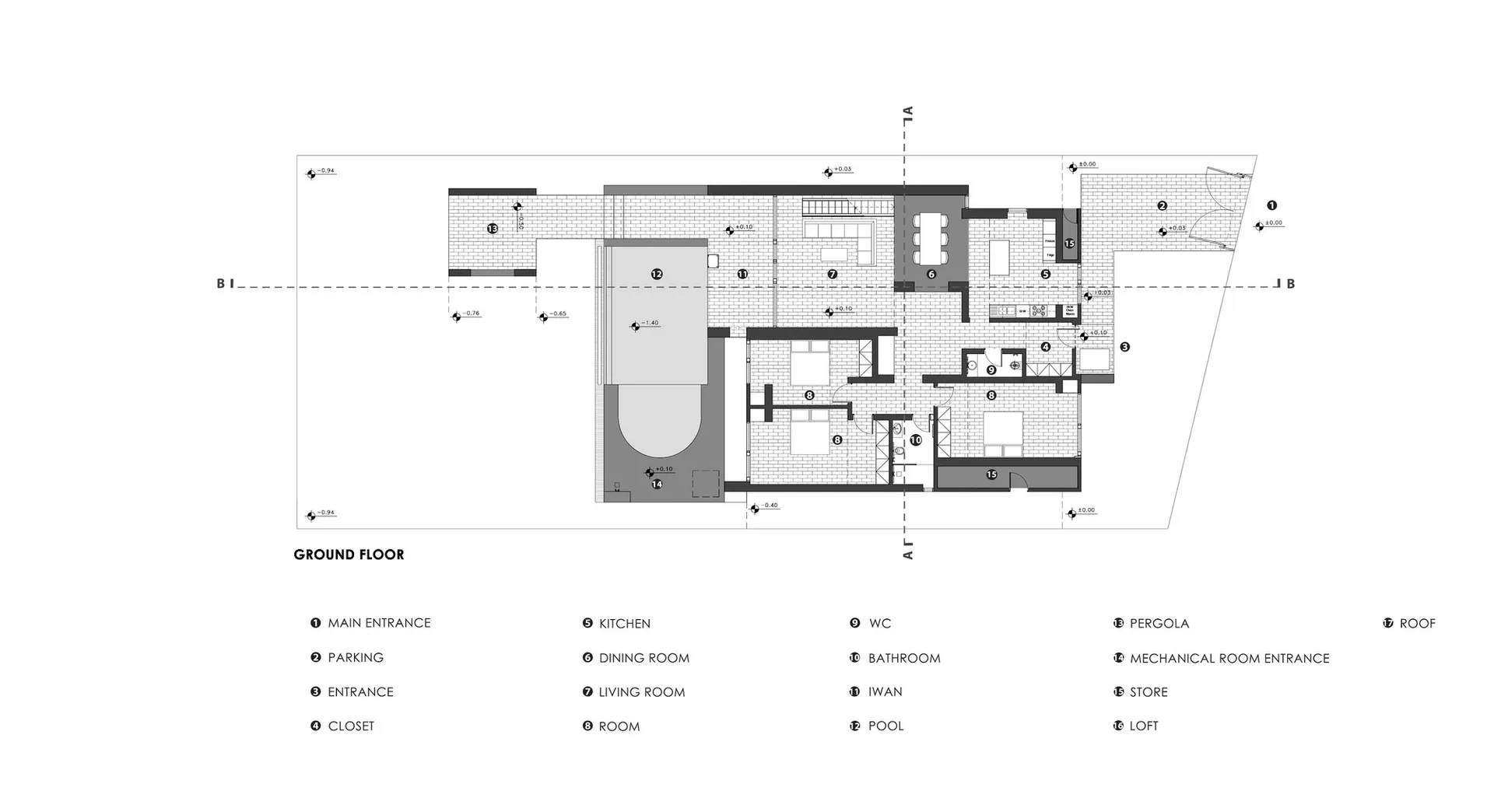 modern architectural floor plan featuring high concrete