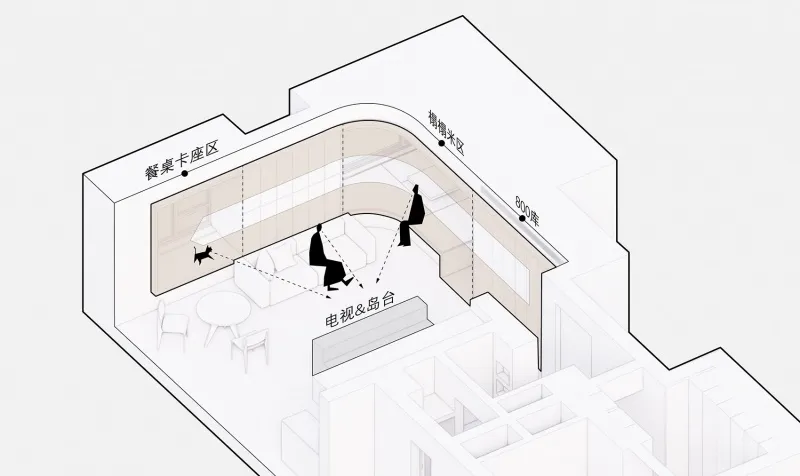 A modern architectural interior design plan with white background, showcasing a clean and minimalist style.