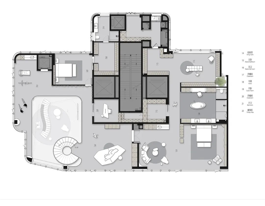 A modern residential floor plan showing various rooms and their layout.