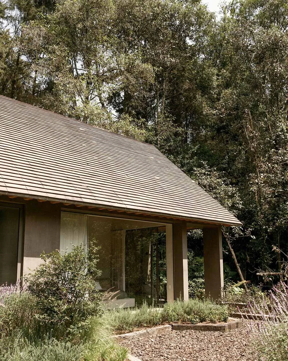 A modern hut with a shingled roof surrounded by lush greenery.