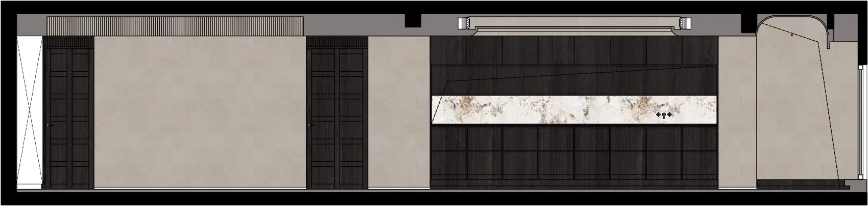 High-angle view of an interior space featuring blackwood cabinets and marble countertops.