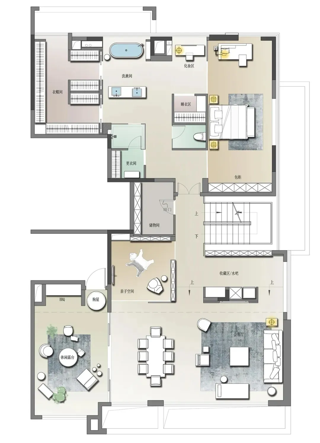 現代家庭住宅的平面圖,展示各種生活空間與功能區域。