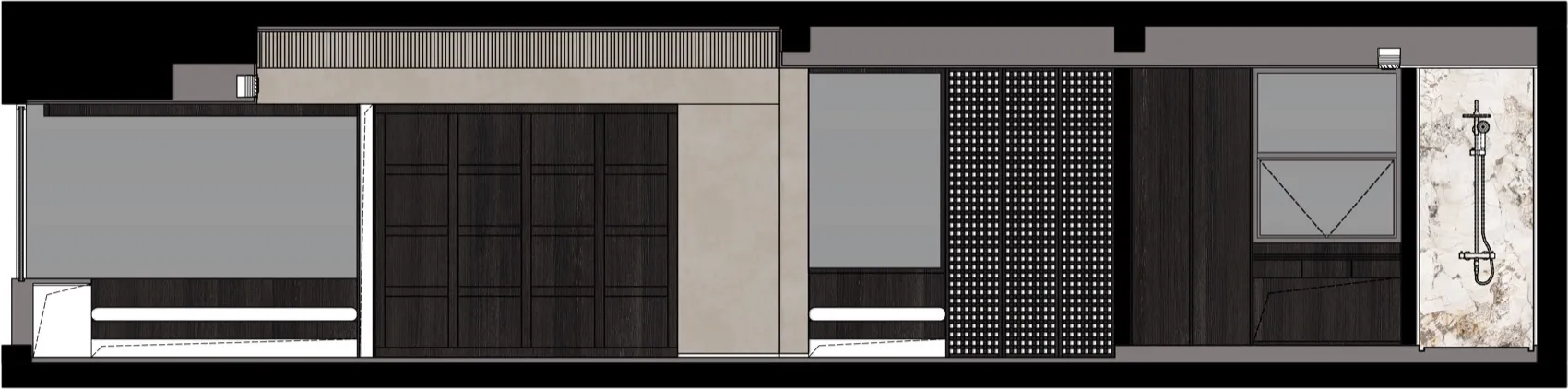 Modern interior design featuring wood cabinets, tiled flooring, and glass walls.