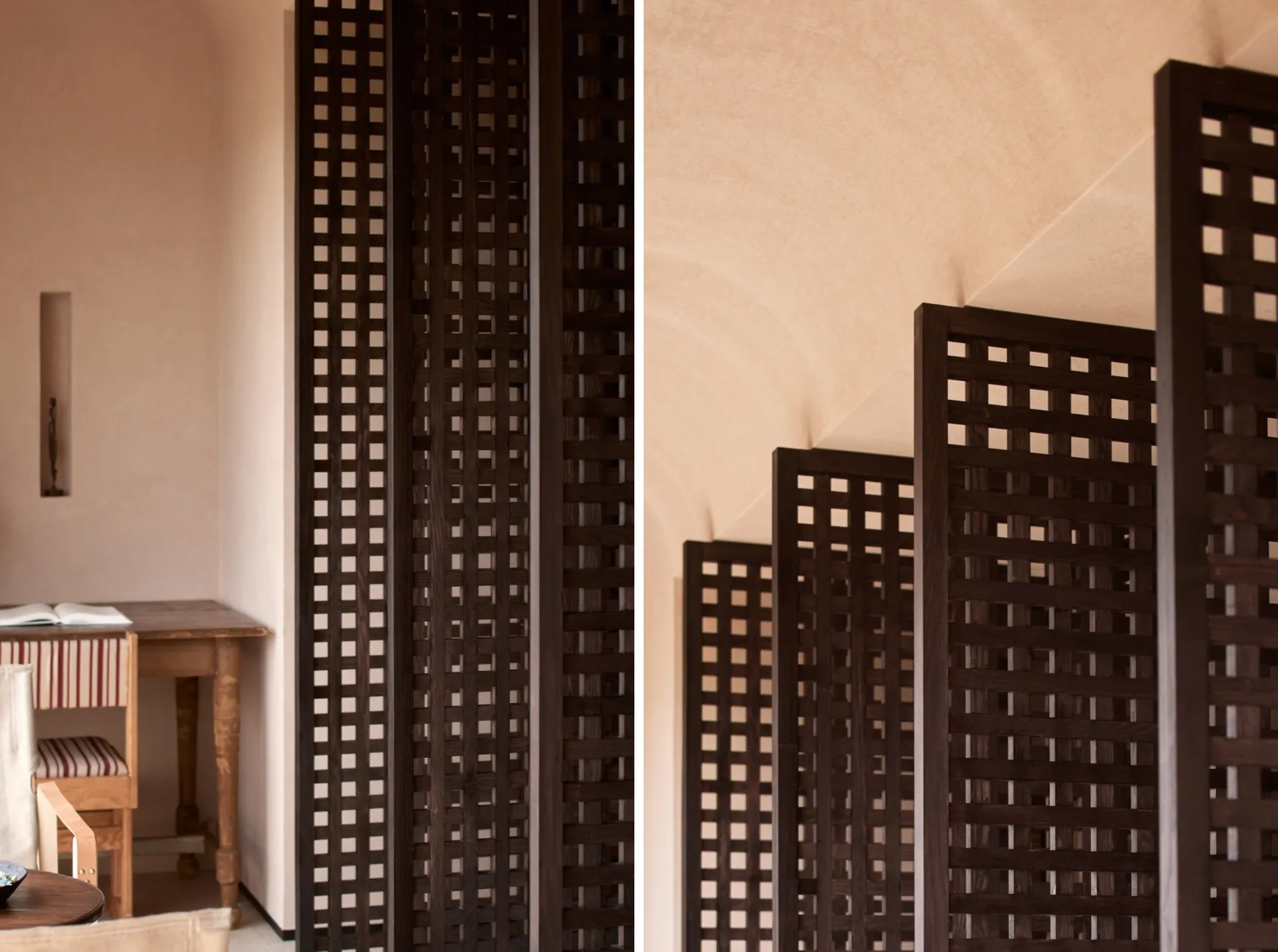 Modern, wooden privacy screen in a minimalist interior design setting.