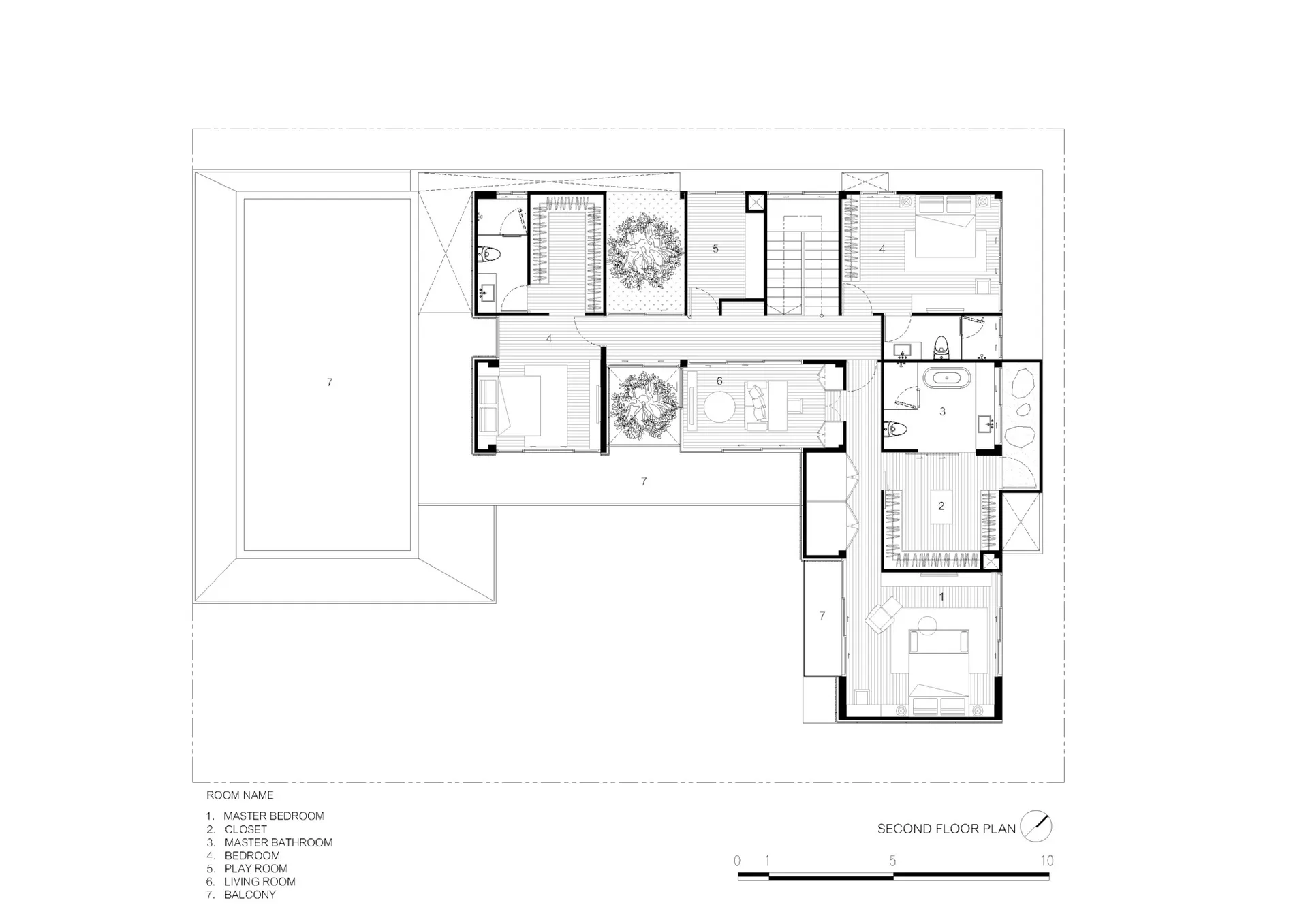 Modern architectural floor plan diagram showing various rooms and spaces.