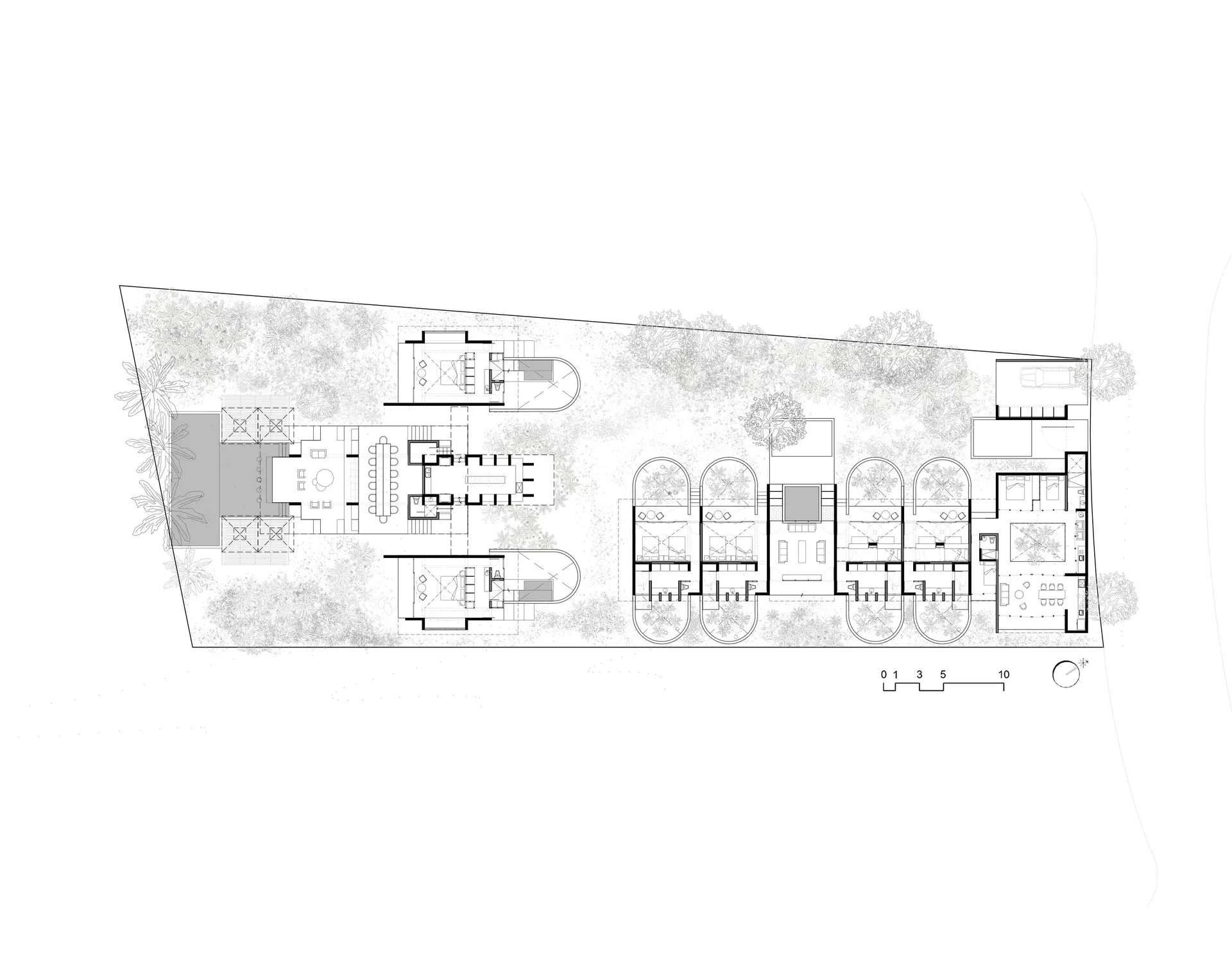 A detailed 2D architectural drawing of a modern residential layout showing various functional zones and spaces.