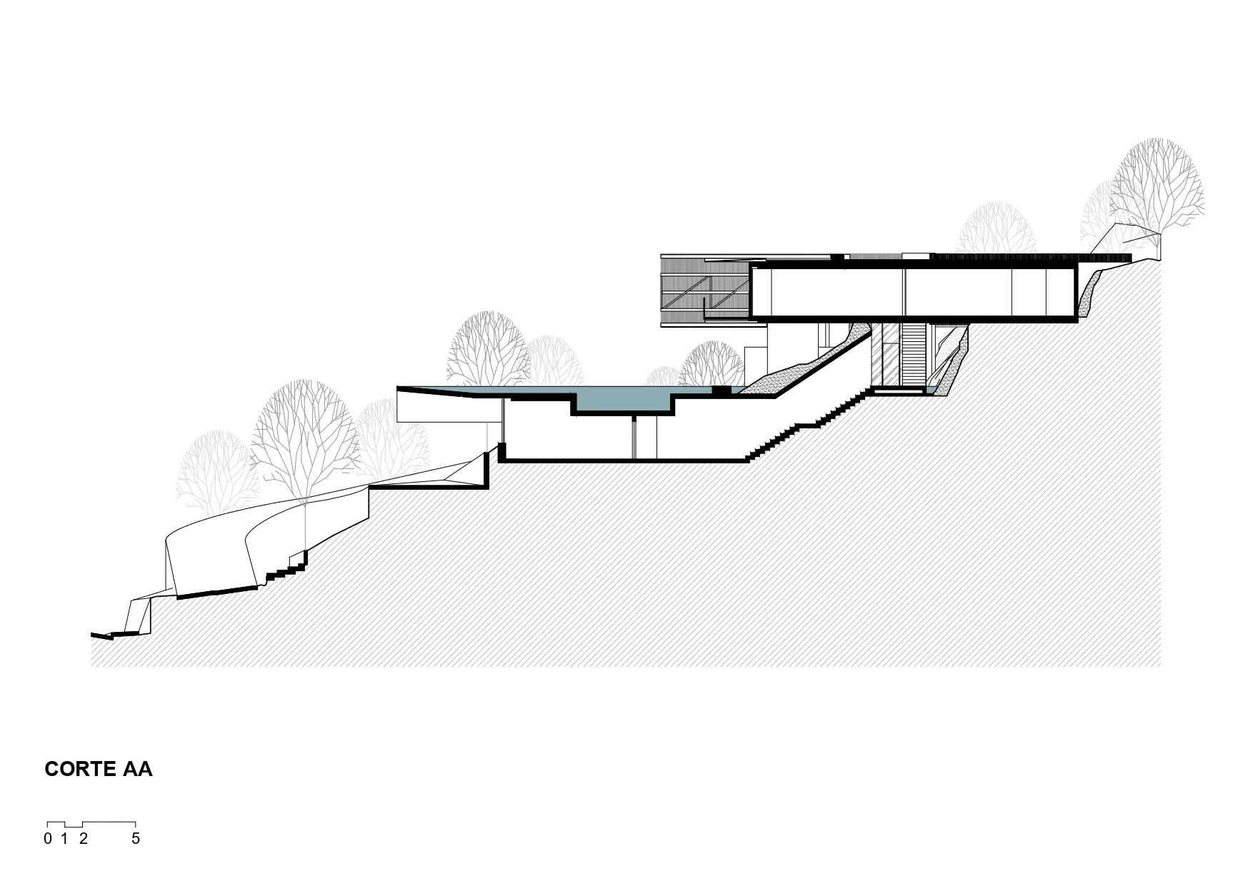一張現代山坡住宅的建築圖，採用鋼材、混凝土與玻璃材質。