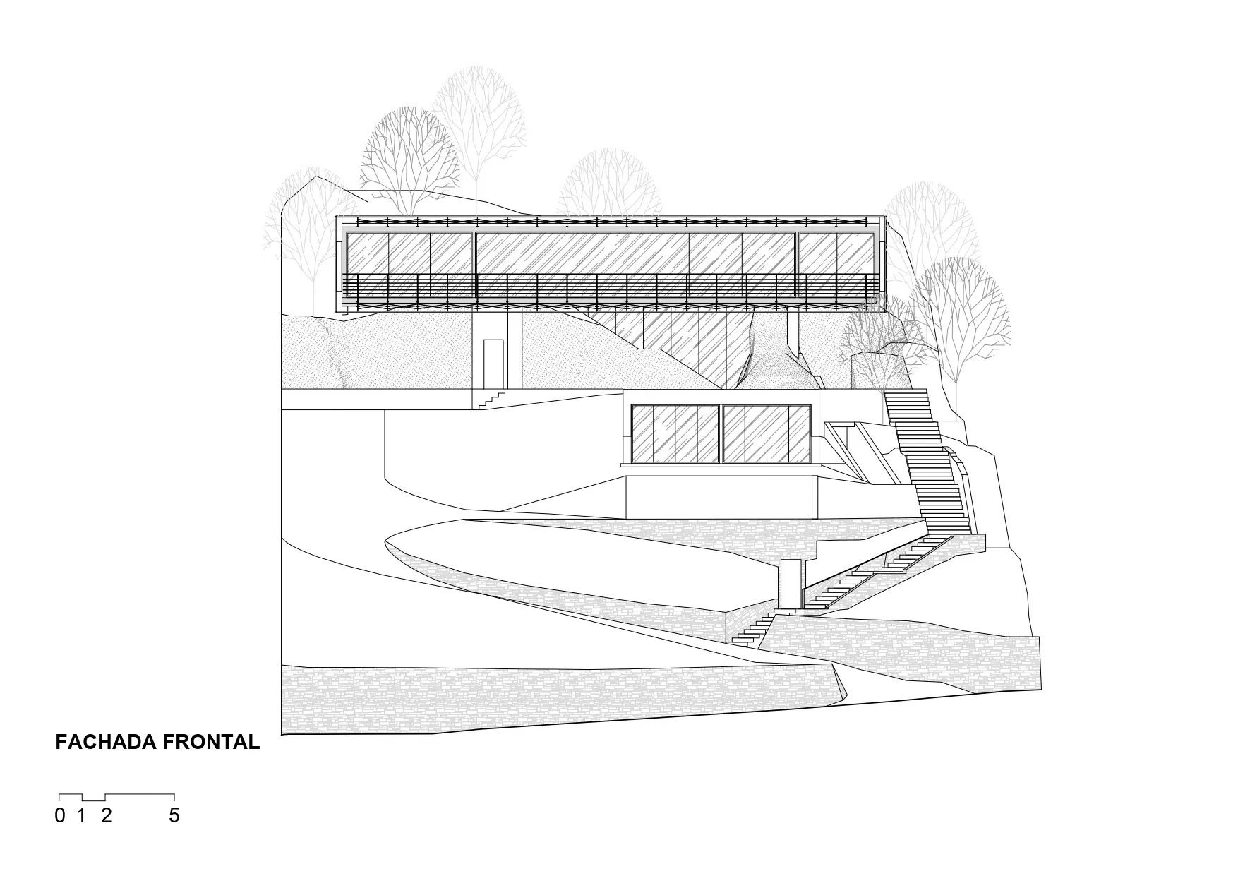 A modern architectural exterior featuring a steel structure with concrete stairs.