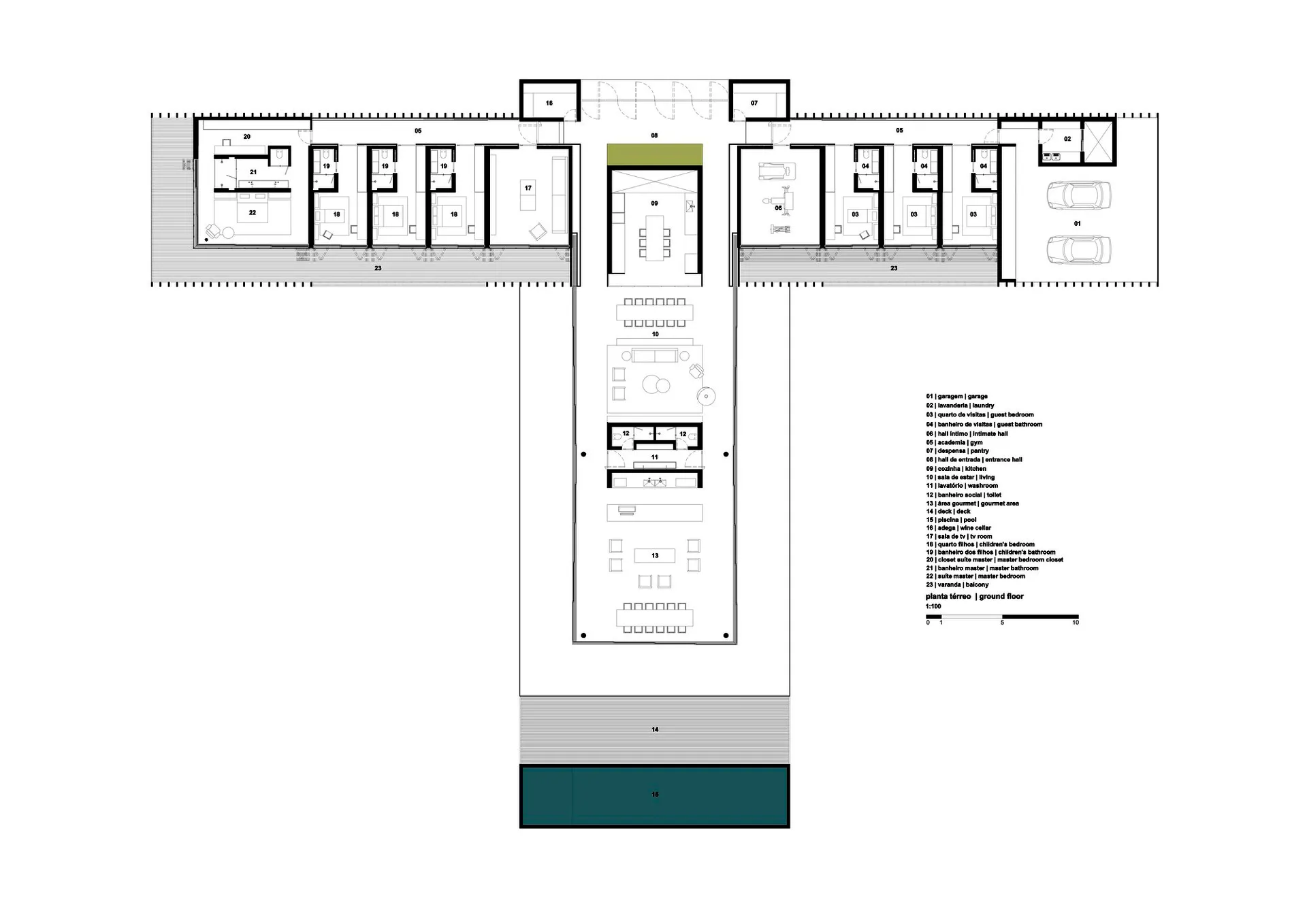 Floor plan of a modern house showing architectural layout and room design details.