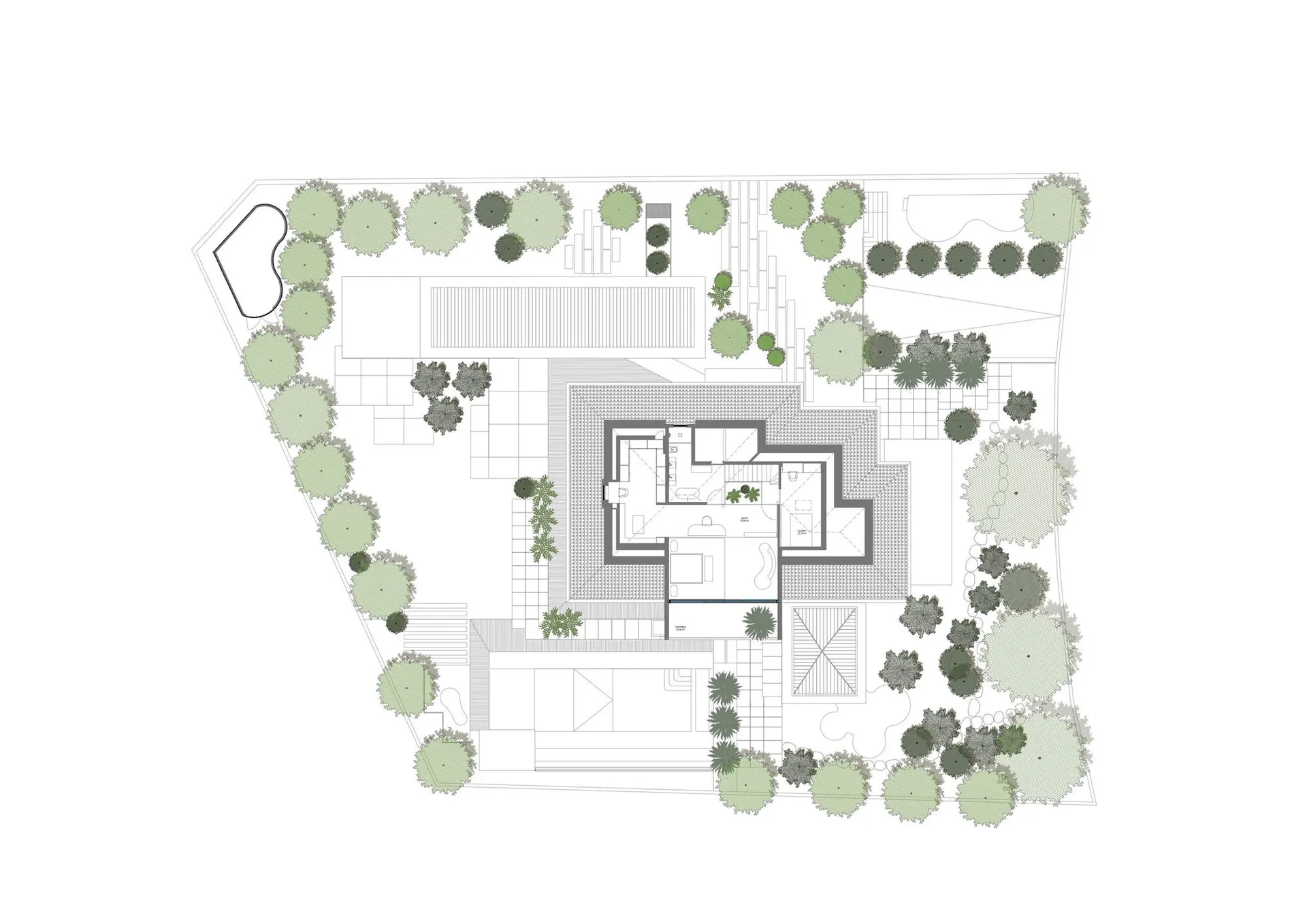 住宅建築平面圖，具備混凝土、玻璃、植物與木質等現代建築特色。