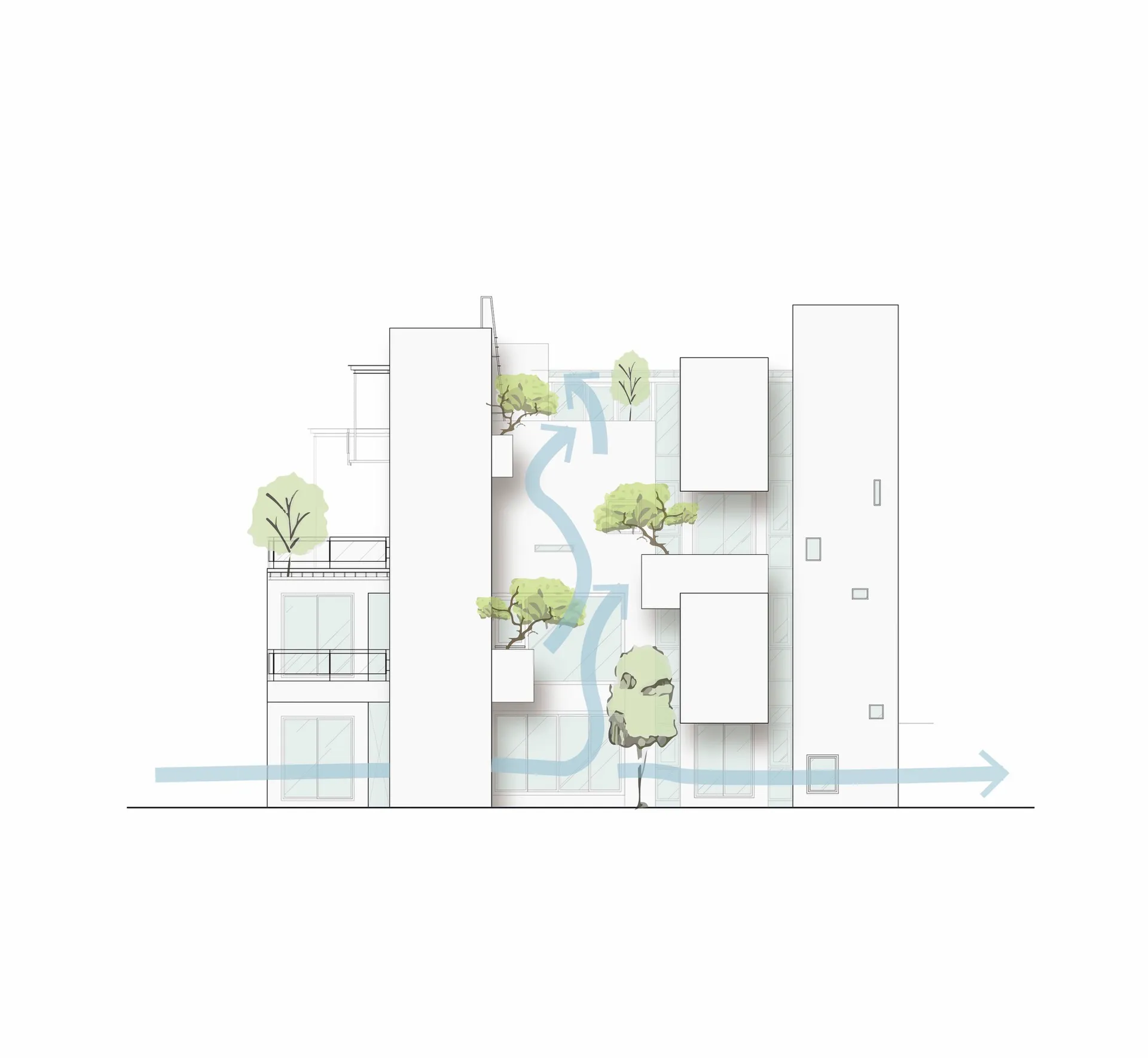 Modern interior design rendered in white, showcasing the layout and spatial composition of a contemporary living space.