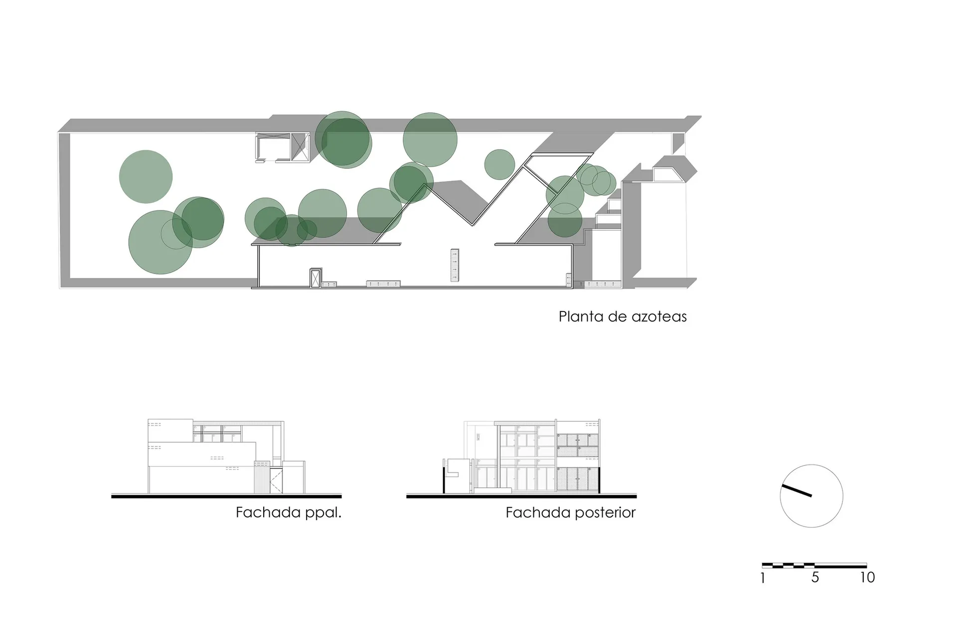 Floor plan of a roof garden featuring greenery and architectural elements.