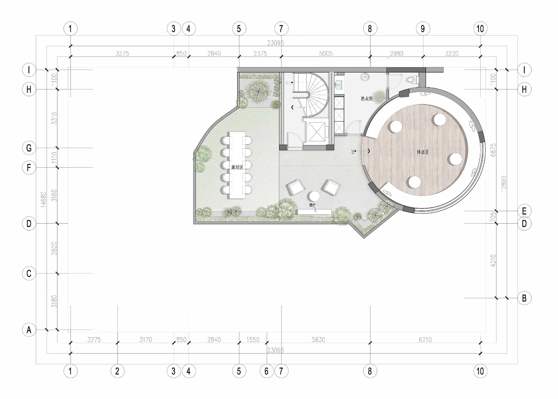 會議室建築藍圖,內含水滴形會議空間。