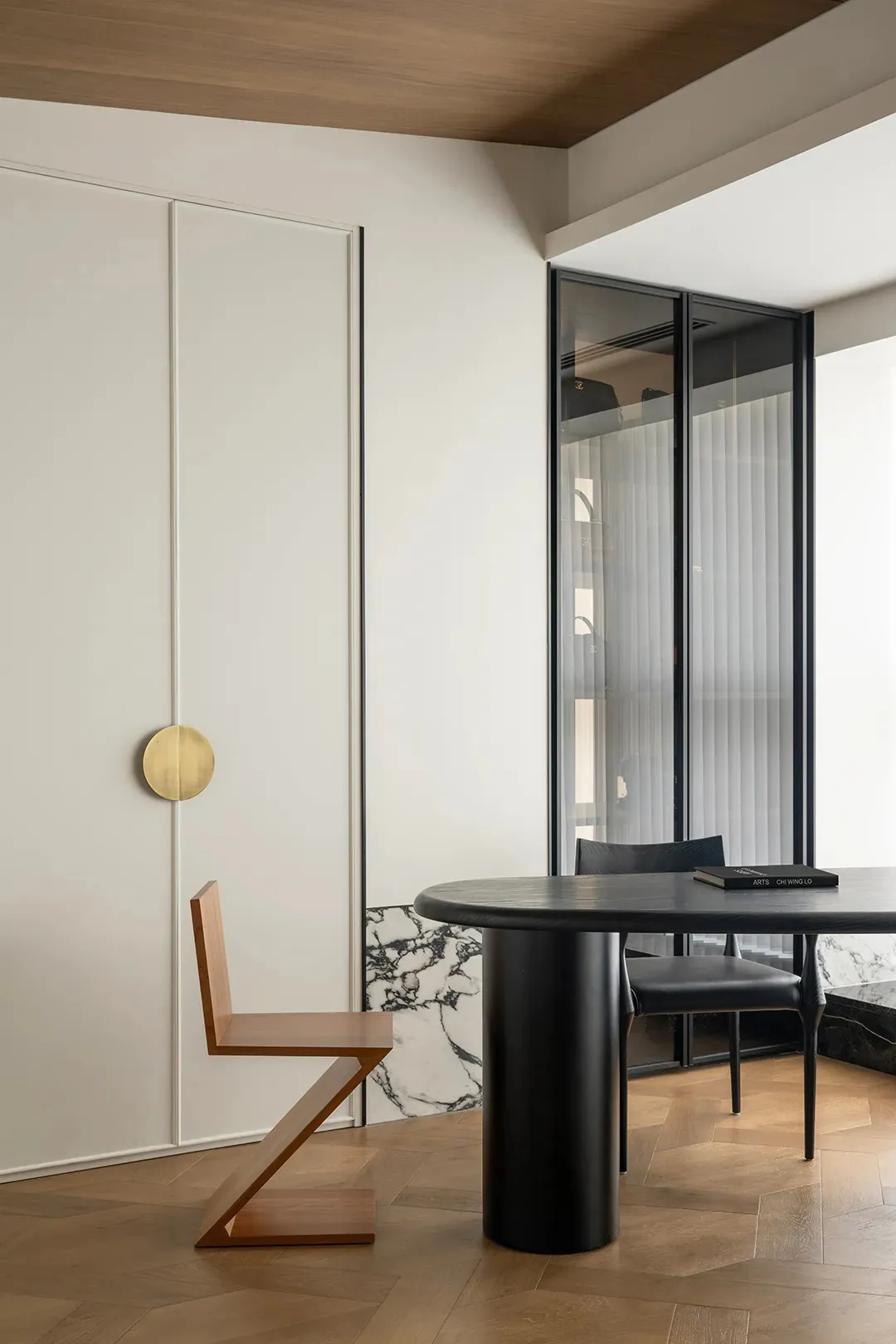 A modern living room featuring wood and concrete elements.