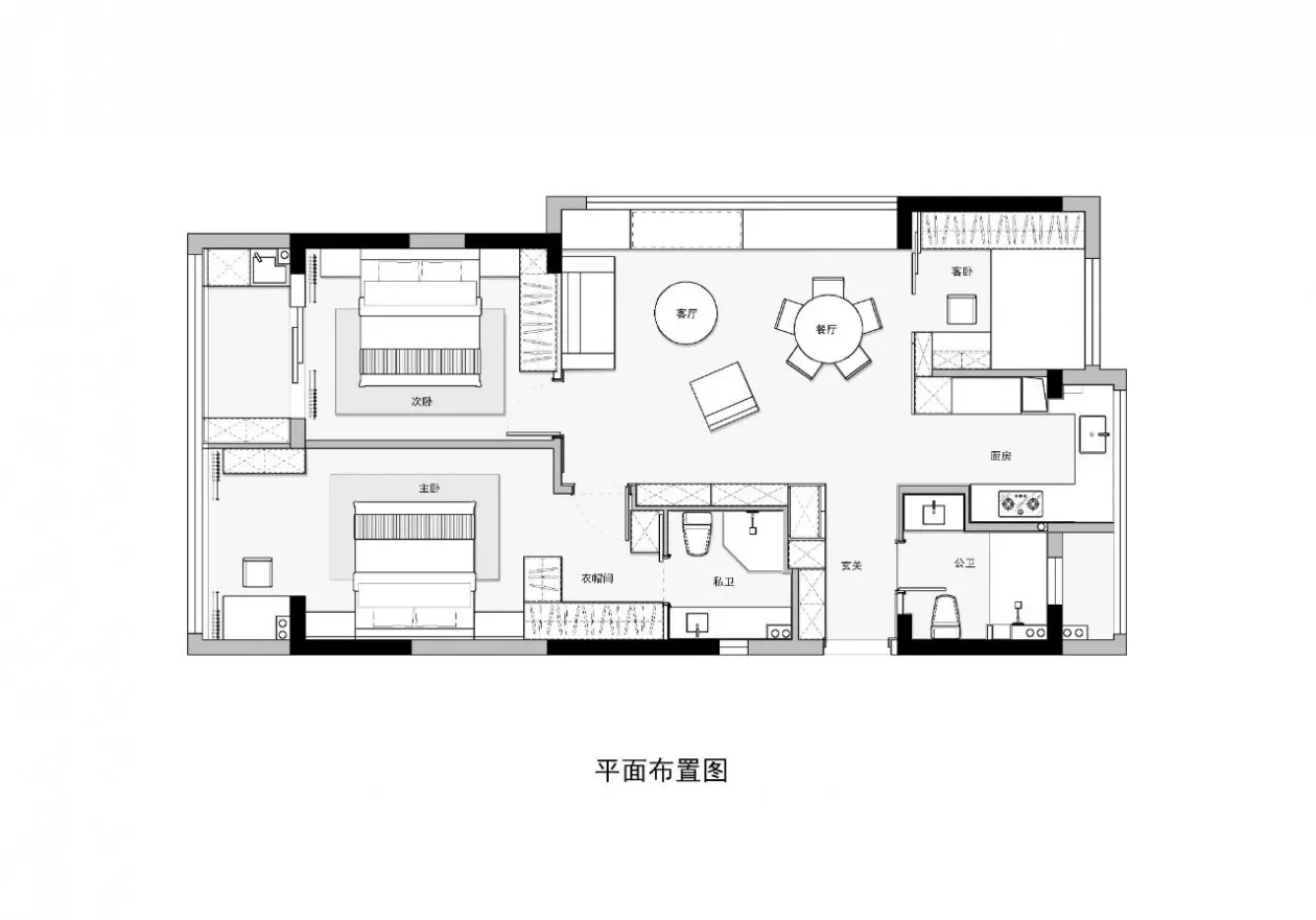 A detailed floor plan of a modern house showing living room, dining room, kitchen, bedrooms, and bathrooms