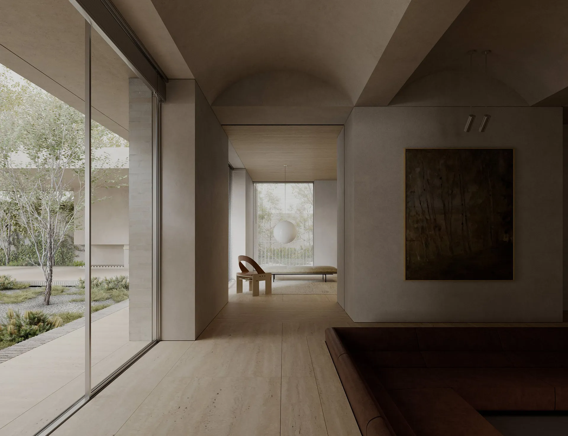 A modern minimalist living room with concrete walls and floors, featuring a large window, a minimalist sofa, and a painting o