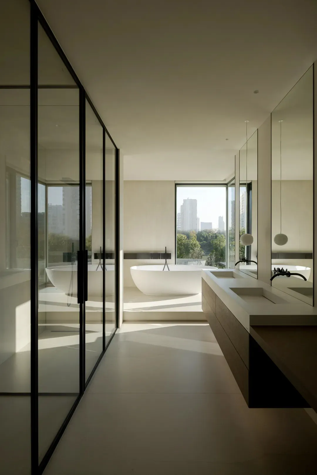 Spacious and elegant modern residential accommodation featuring glass and marble materials.