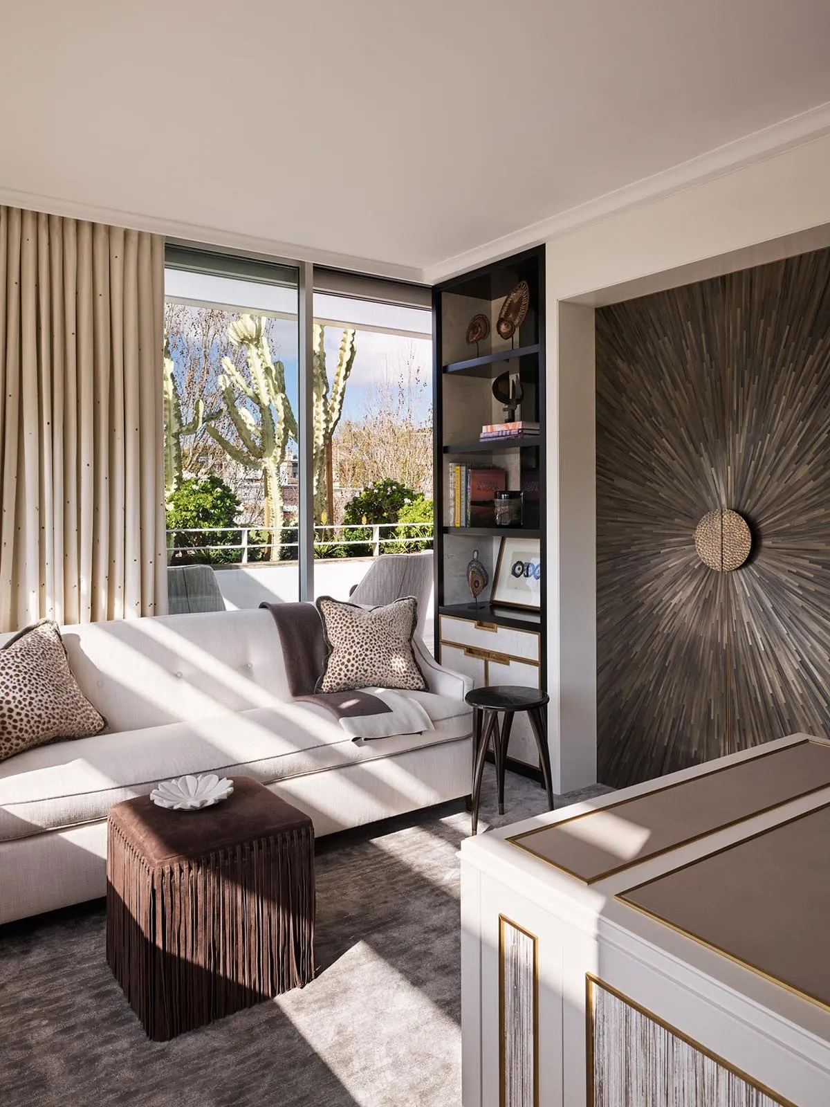 Modern living room with sustainable fabric upholstery and wooden accents.