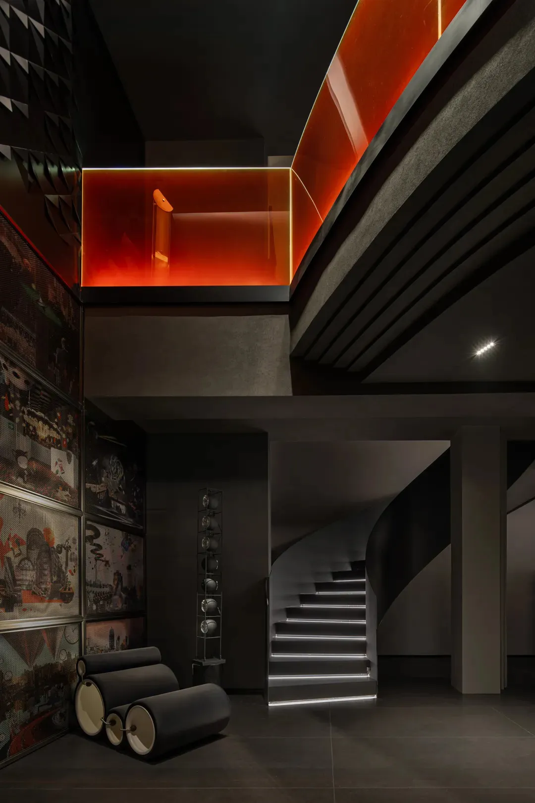 A modern interior space with black lighting features