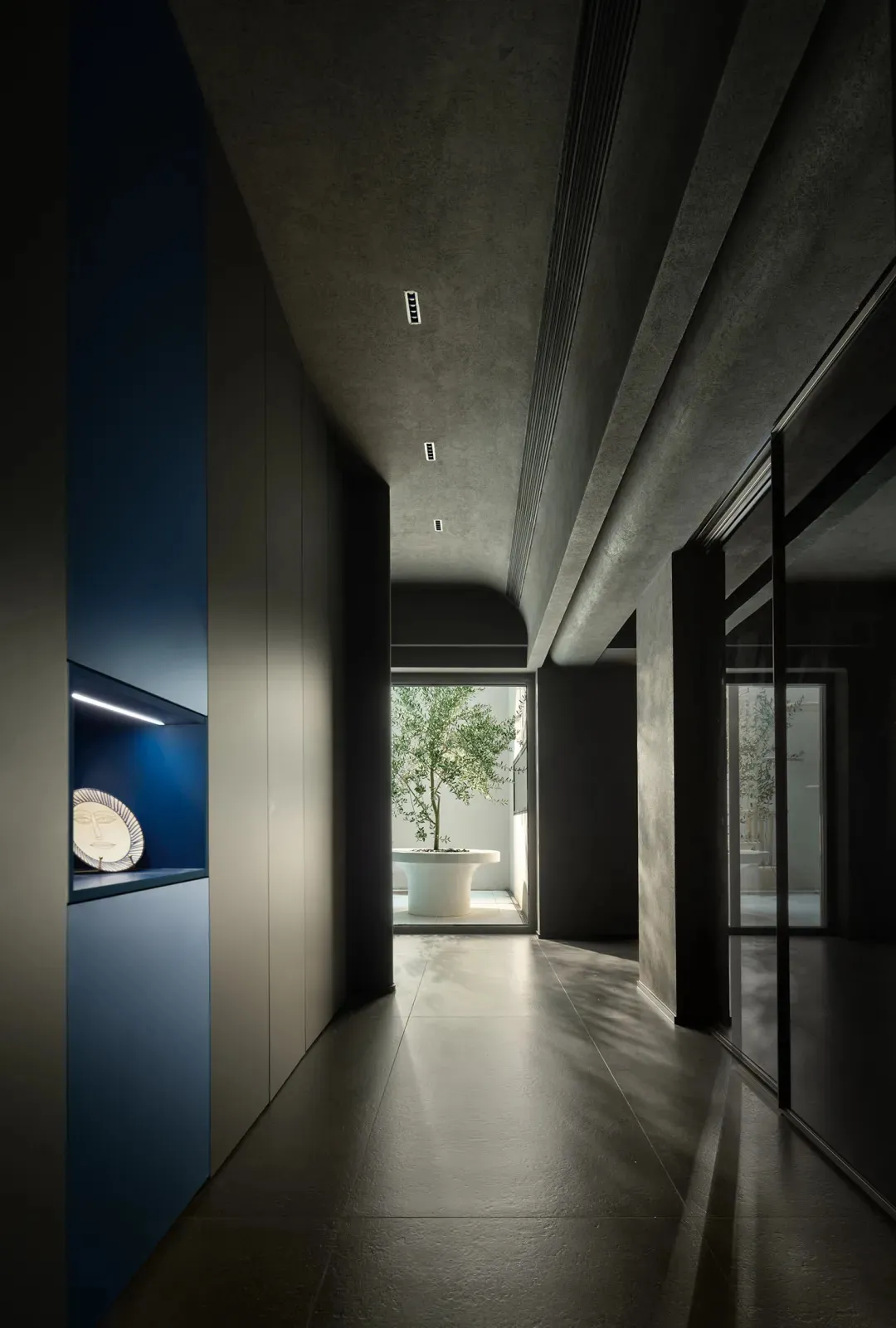 A modern interior corridor with dark concrete walls and a large potted plant in the background. The corridor is illuminated b