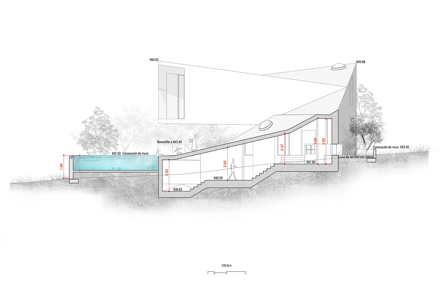 A 2D technical drawing of a modern house with concrete, glass, and wood materials.
