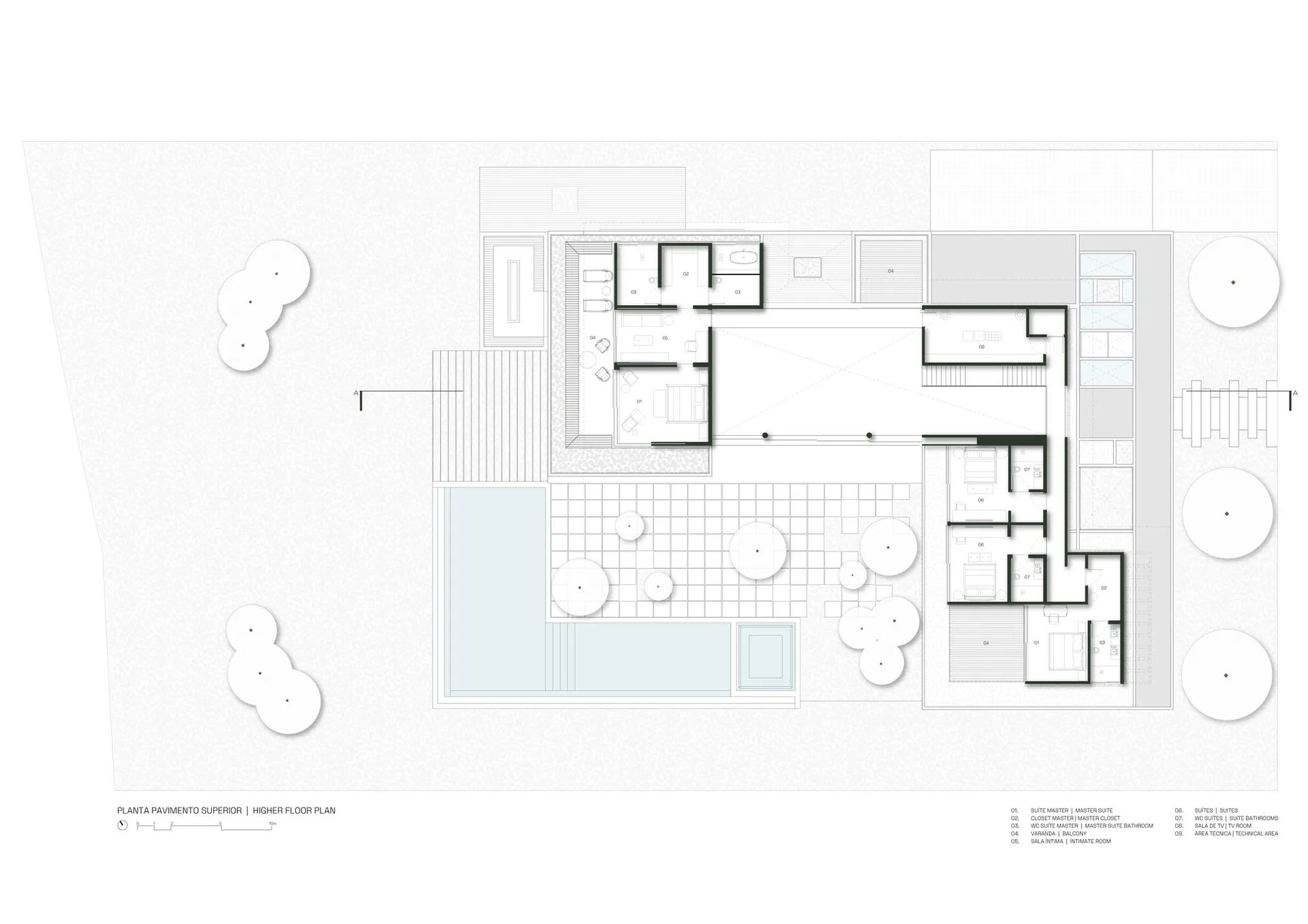 Floor plan of a modern residential building with concrete features and a minimalist aesthetic.