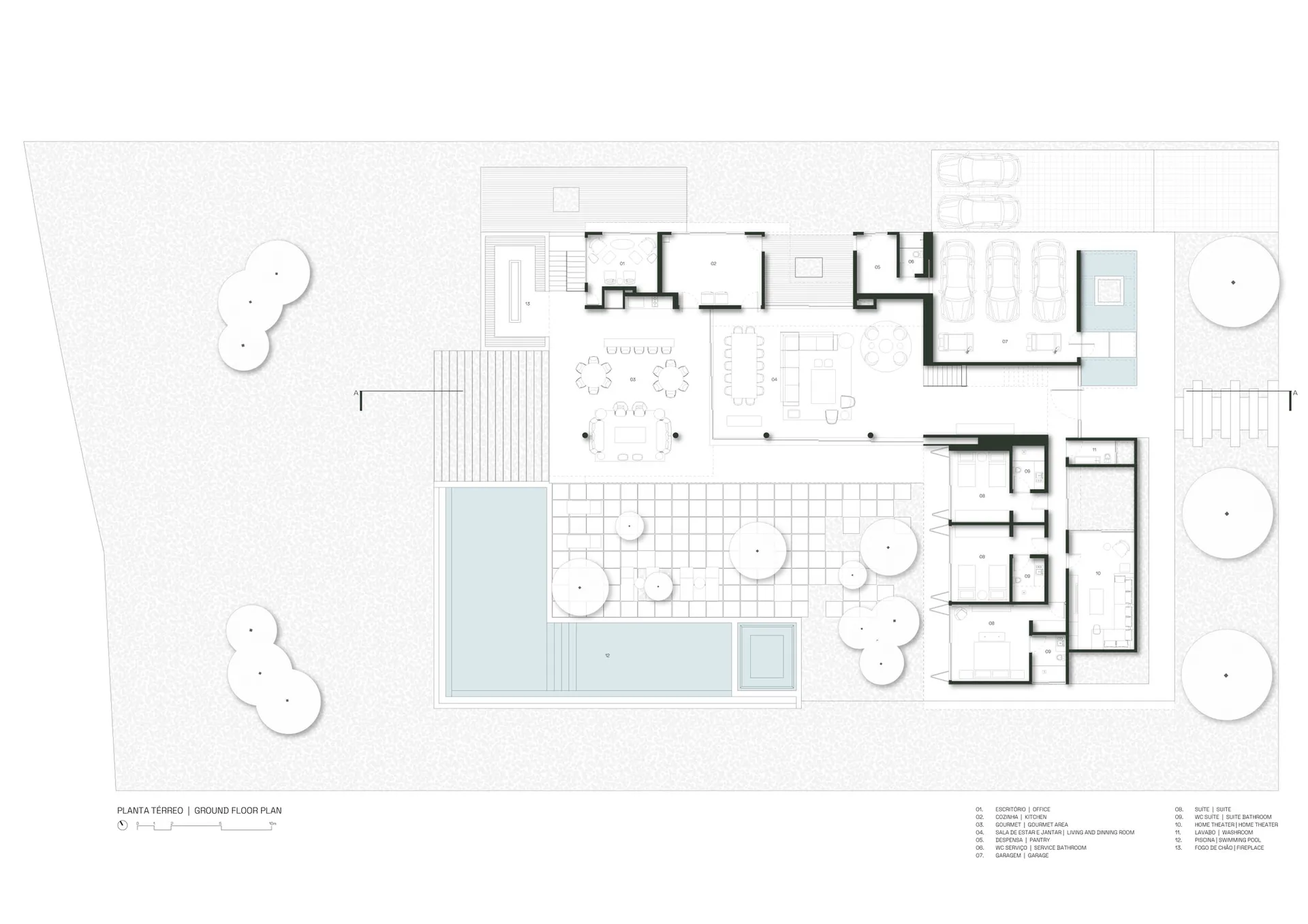 A minimalist floor plan of a modern residential home, featuring open spaces and clean lines.