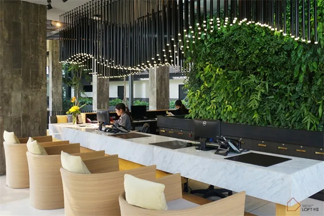 A modern hotel reception area featuring a large green wall and concrete finishes